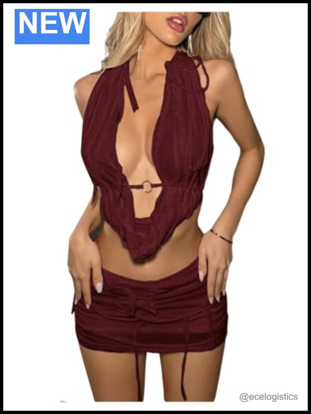 2 Piece Halter Crop Top & Mini Skirt Set Textured Open Back Clubwear